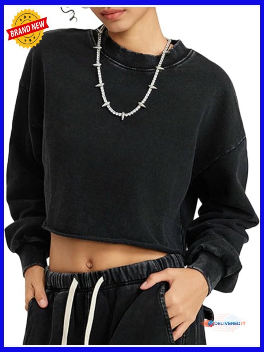 Vintage Acid Wash Cropped Sweatshirt Long Sleeve Pullover Fleece